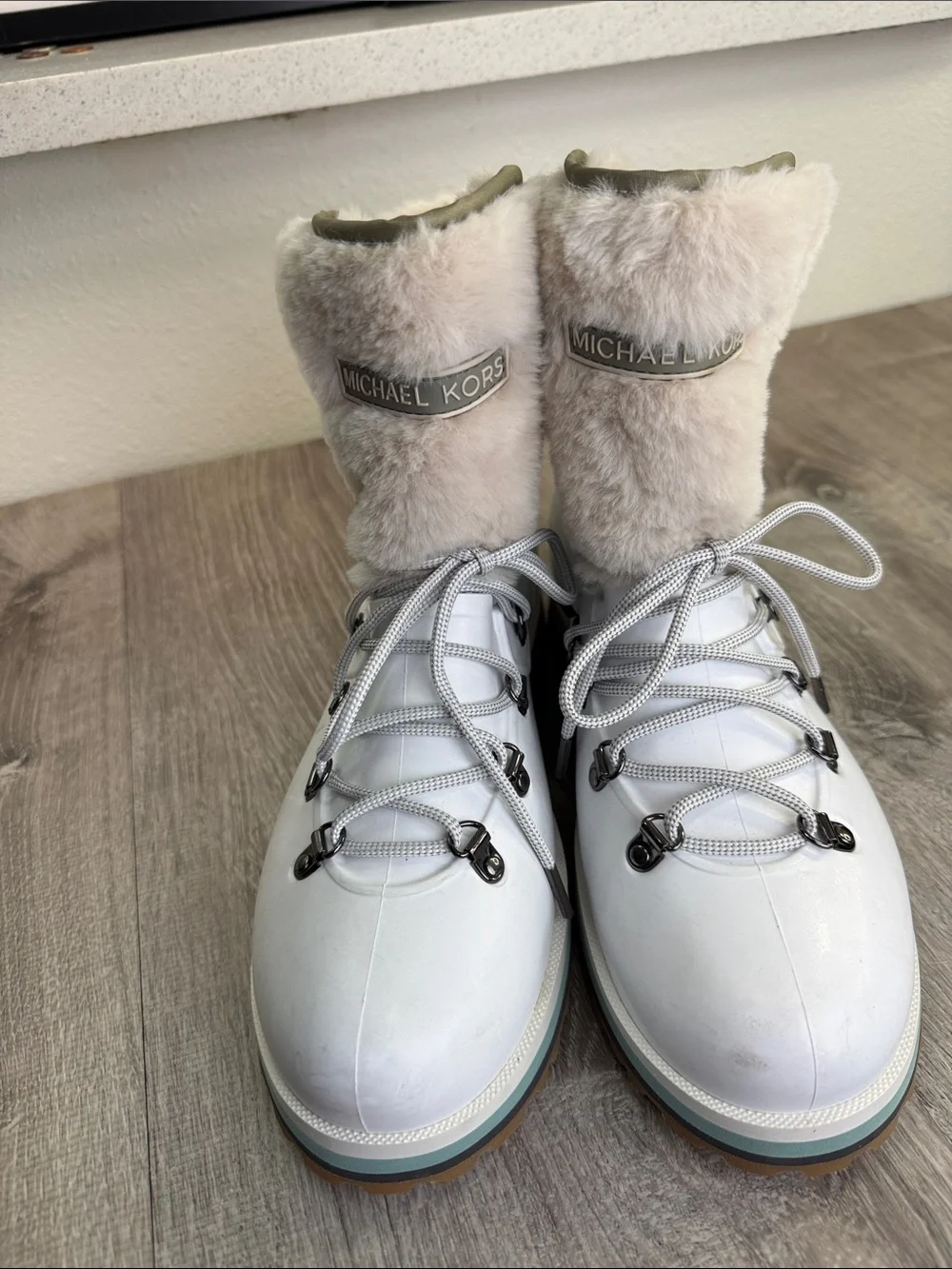 Michael Kors White Faux-Fur Hiking Boots with Orange Accent